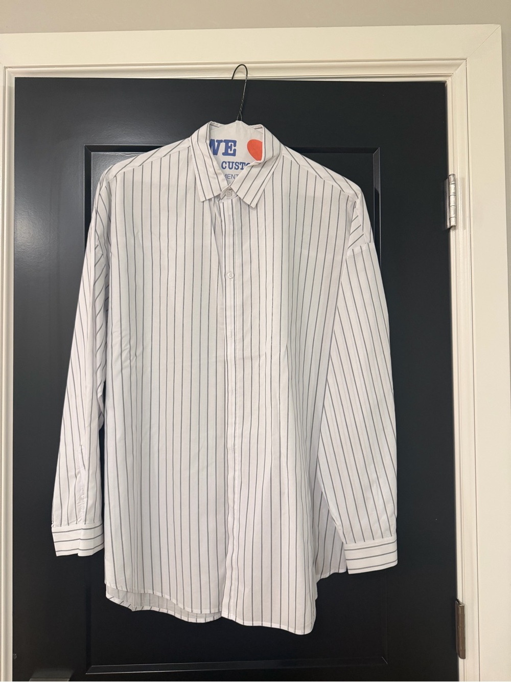 Men's White Dress Shirt with Navy Pinstripes - Classic Point Collar
